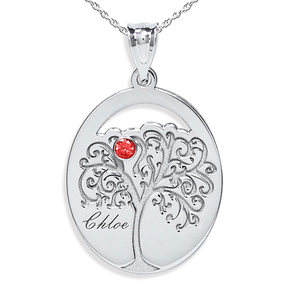 Personalized Family Tree Pendant with Name and Birthstone With 18 Inch Chain