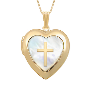 14k Yellow Gold Mother of Pearl   Cross Heart Photo Locket