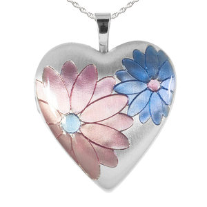 Pink and Blue Flower Heart Photo Locket