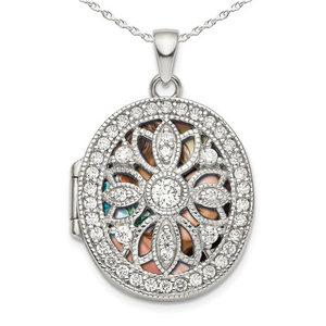 Pierced Oval Photo Locket with Cubic Zirconia