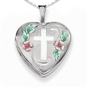 Enameled Cross   Flowers Heart Photo Locket