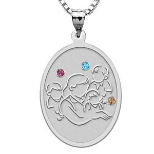 Mother with Three Sons Oval Pendant   with Birthstones